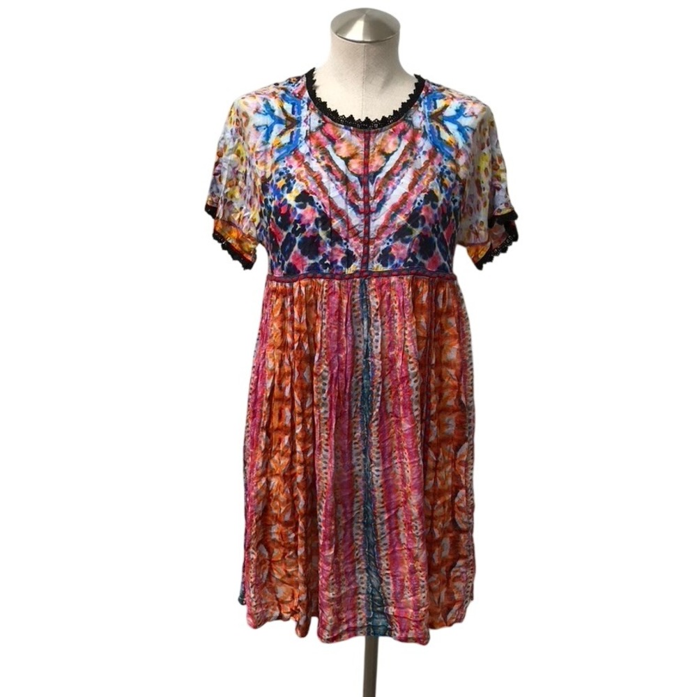 Blank London Mini Dress Womens XS Multi Color Tie Dye Lace Trim Boho Babydoll